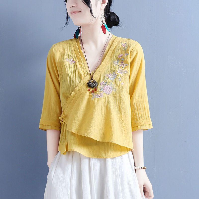

Летняя хлопково-льняная вышитая блузка с диагональной планкой, веерообразной шнуровкой, рукавами средней длины, женская ретро-дзен рубашка, одежда для чая 3XL жёлтый