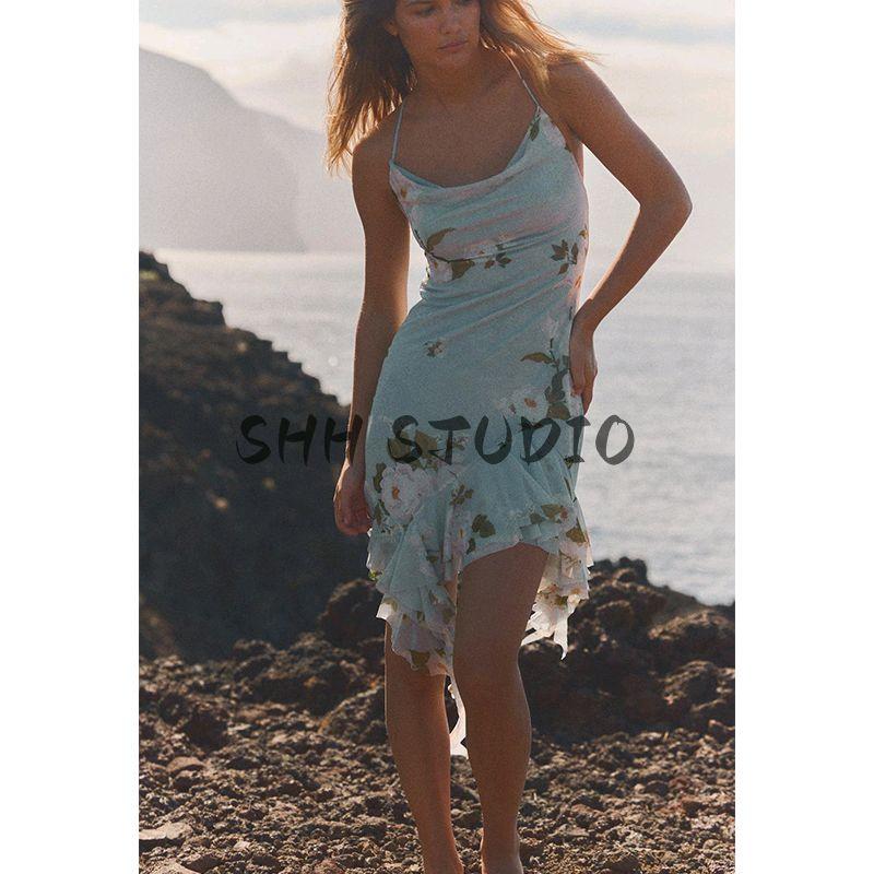 Spring and Summer New Women's Clothing French Style Vacation Style Print Silk Net Draped Collar Sling Short Dress 5039122