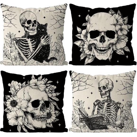 GAGEC Halloween Pillow Covers 18x18 Inch Set of 4 Skeleton Floral Throw Pillow Covers Holiday Farmhouse Pillowcase Couch Cushion Case for Home Sofa Size-16x16