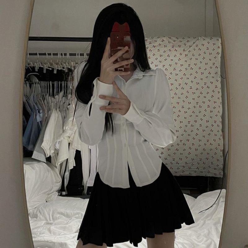 Košile Dámské Jednobarevné Preppy Styl Sladké Jednoduché Blusas Ležérní Základní Uvnitř Štíhlá Žena Hipster Ulzzang JK Všestranné topy Populární vložky