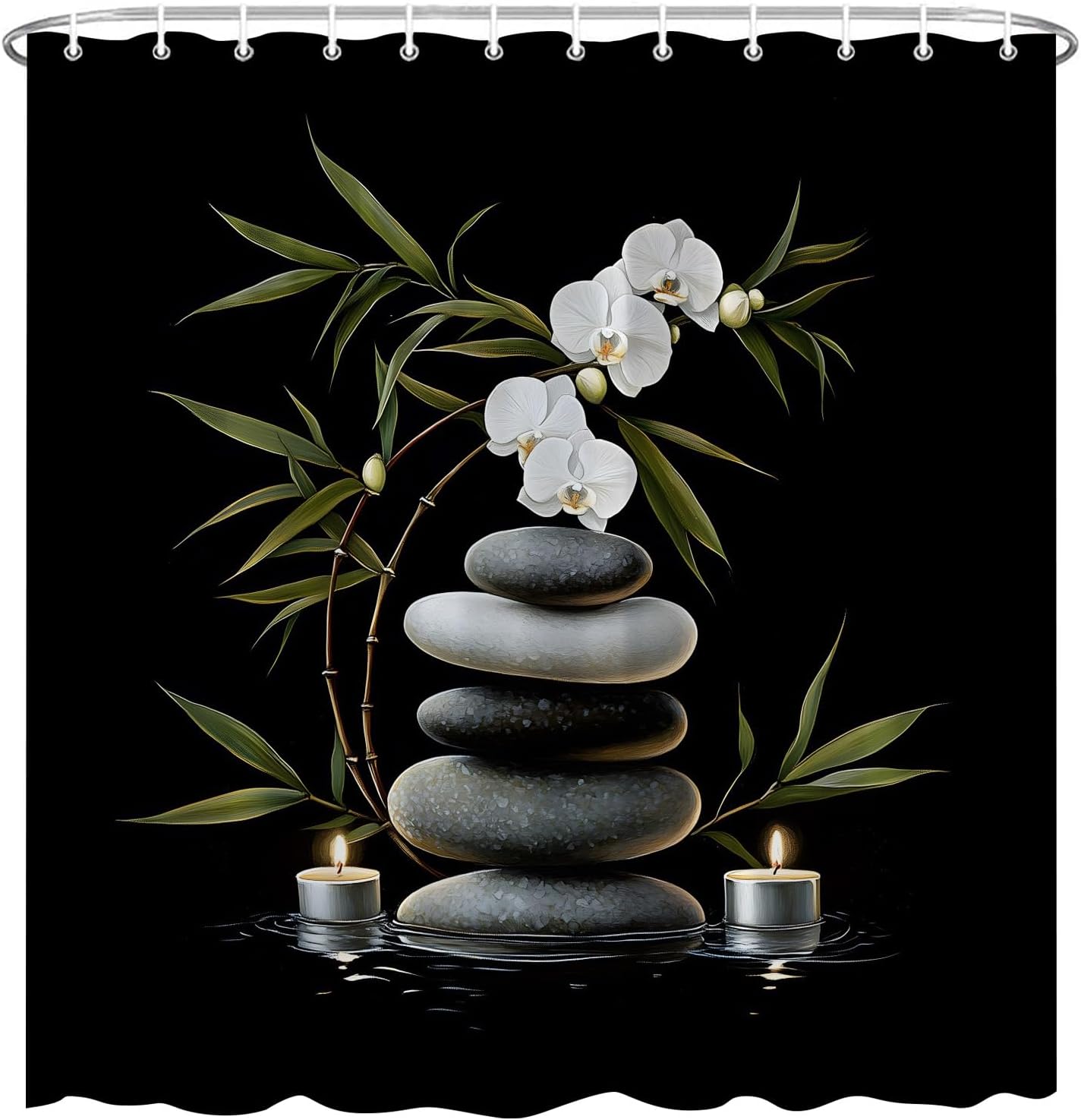 

Black Shower Curtain Zen Stone White Floral Sage Green Leaf Reflections in Water Nature Japanese Asian Zen Garden Polyester 90x180CM