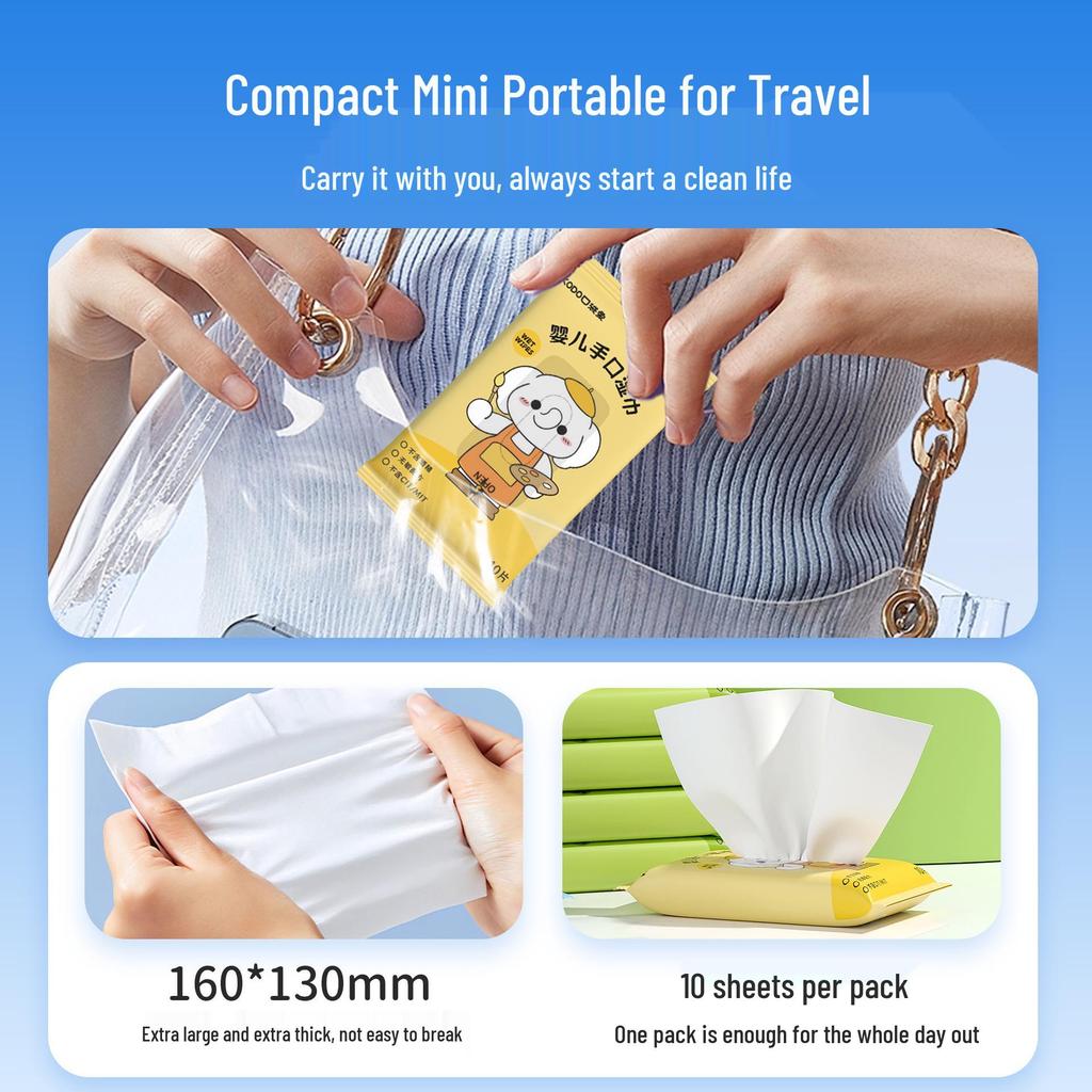 Portable Thickened Baby Wet Wipes - 10 Sheets for Infants & Toddlers, Hand & Mouth Use