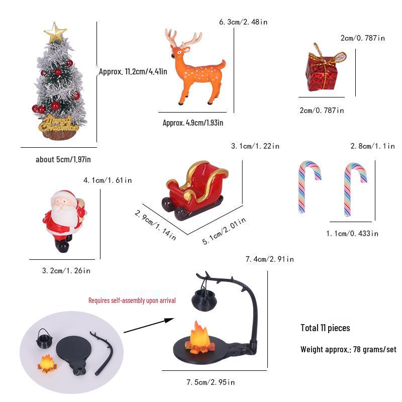 Miniature Christmas Scene Ornaments: Dollhouse Tree, Hanging Stove, Reindeer Props