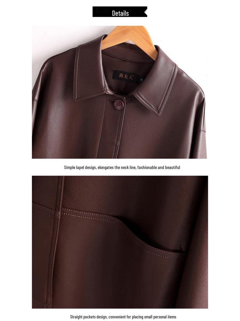 Women's Mid-Length Genuine Sheepskin Leather Jacket - Loose Slimming Trench Coat, Autumn/Winter 2025 Collection