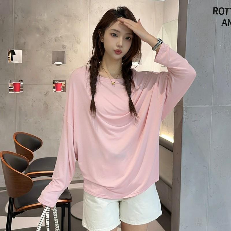 Summer Women's Batwing Long Sleeve T-Shirt Thin O Neck Loose Fit Tshirts Air Conditioner Shirt Casual Sun Protection Tee Tops