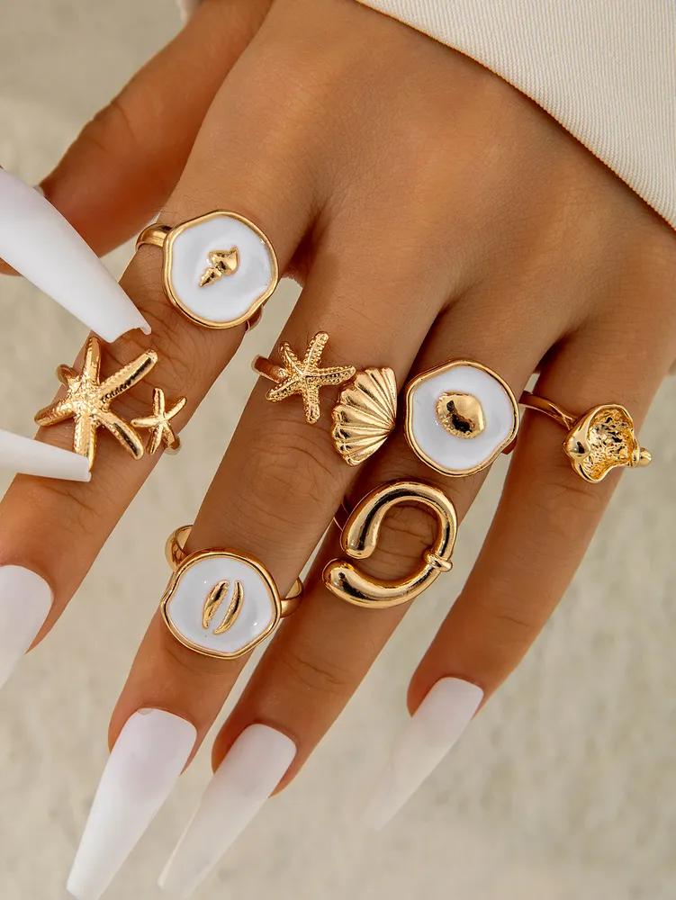 Ocean-themed oil-drop scallop and open ring One Size