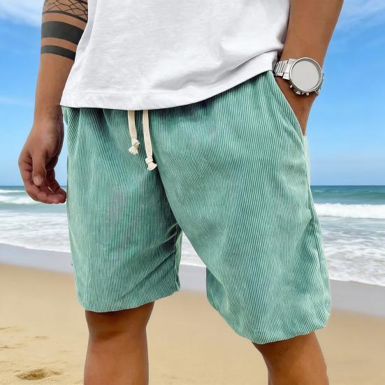 Men Shorts Elastic Waist Adjustable Leg Summer Corduroy Drawstring Wide Shorts with Pockets Loose Fit Casual