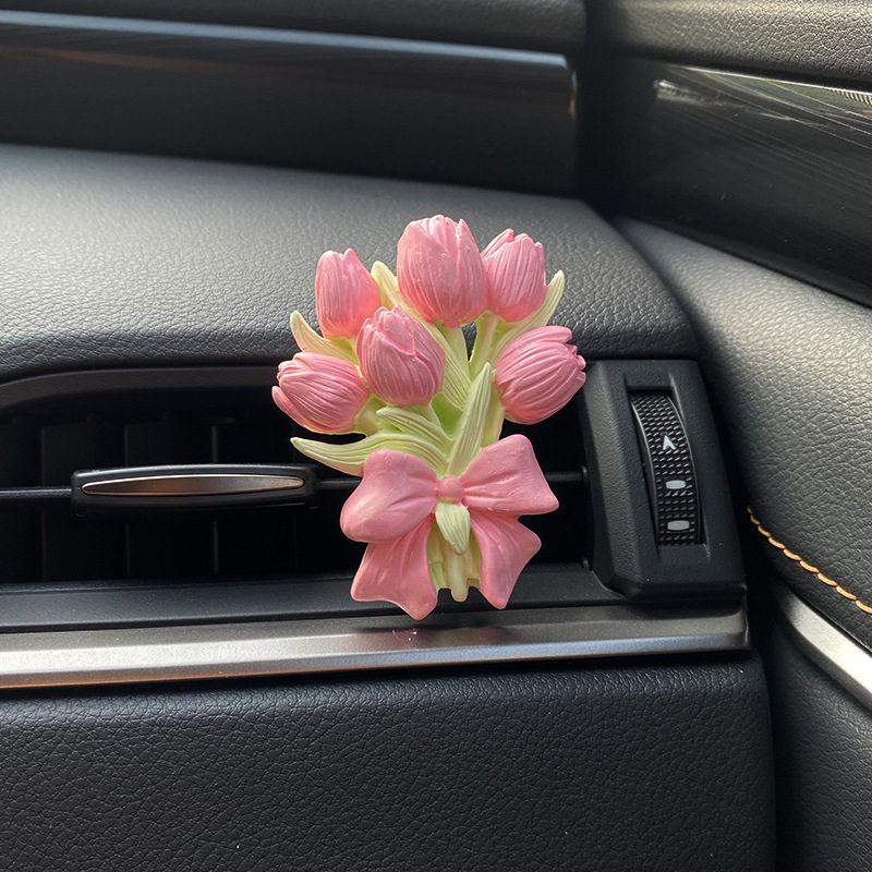 

High-End Tulip Car Fragrance Diffuser, Car Decoration, Air Vent Aroma Stone, In-Car Floral Fragrance Car Accessory Pendant New Pink Crystal Bouquet (Unscented)