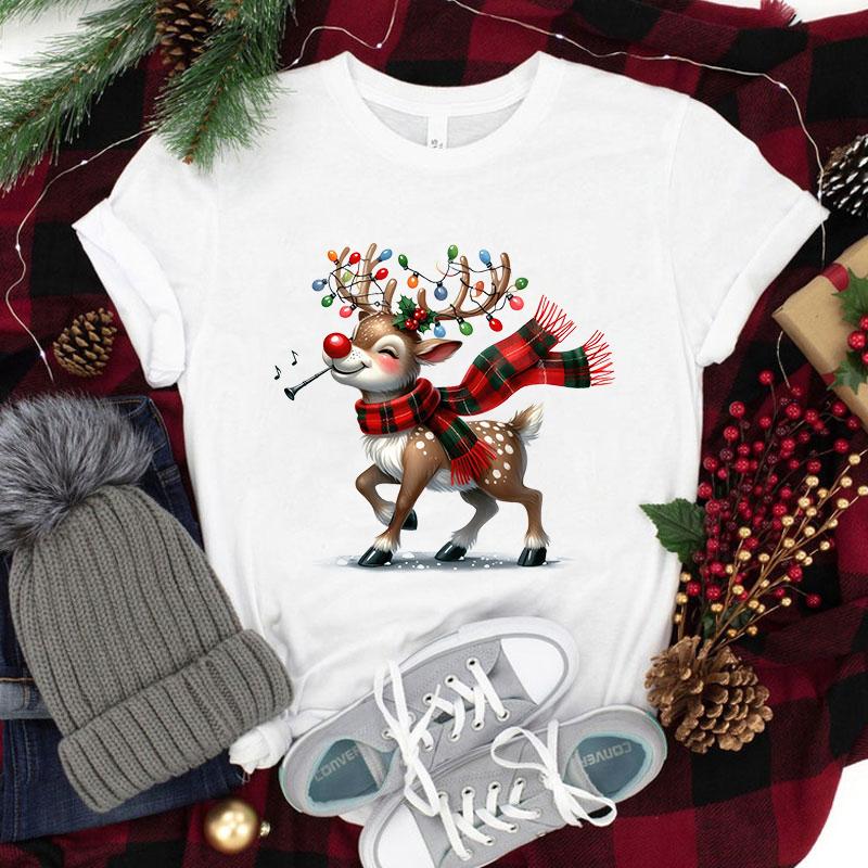 New Christmas Elk Printed T-Shirts Men Women Summer Tee Shirt Femme Casual Elk Short Sleeve Round Neck Tops Christmas T-Shirts