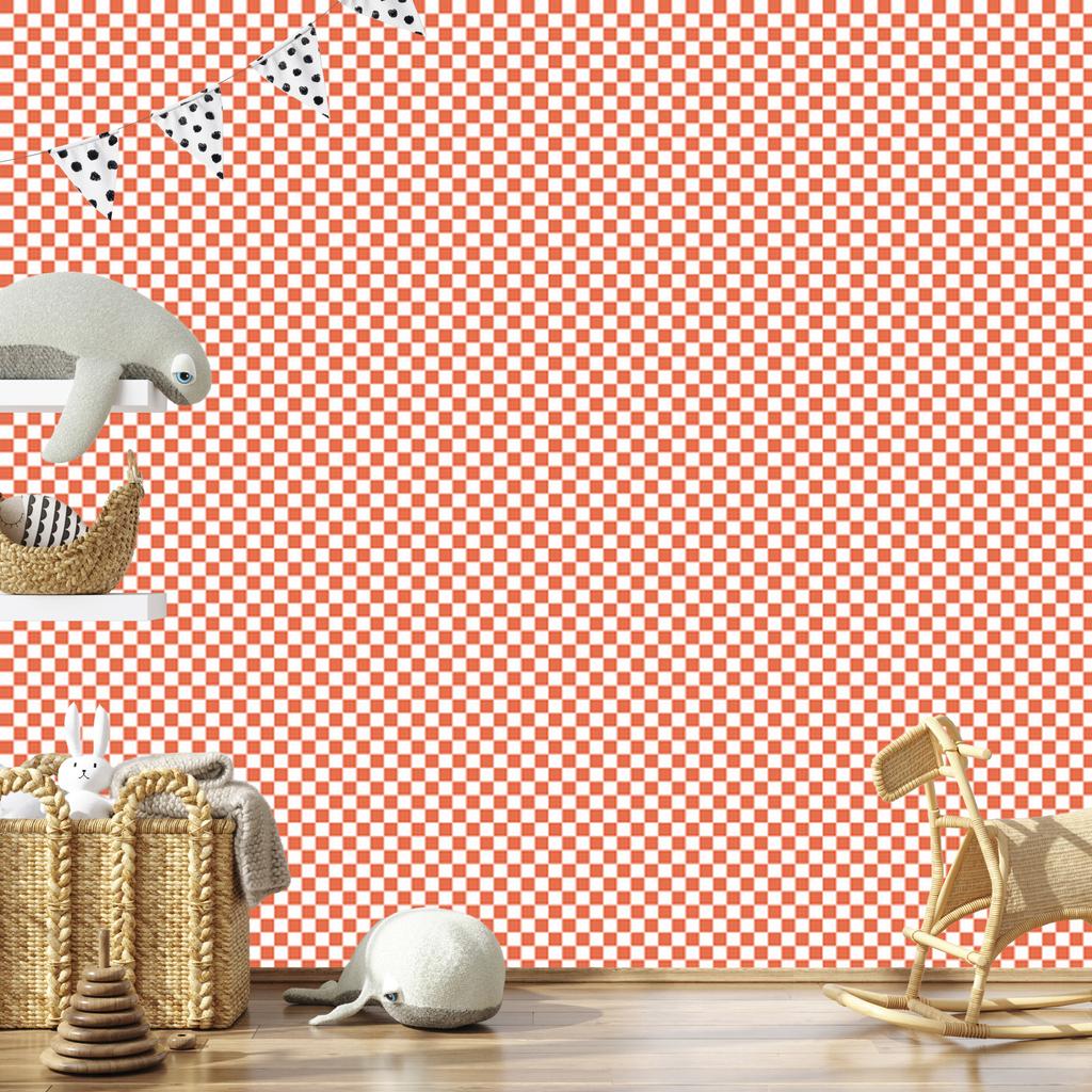 Checkerboard Wallpaper Peach, White and Coral 50x1000