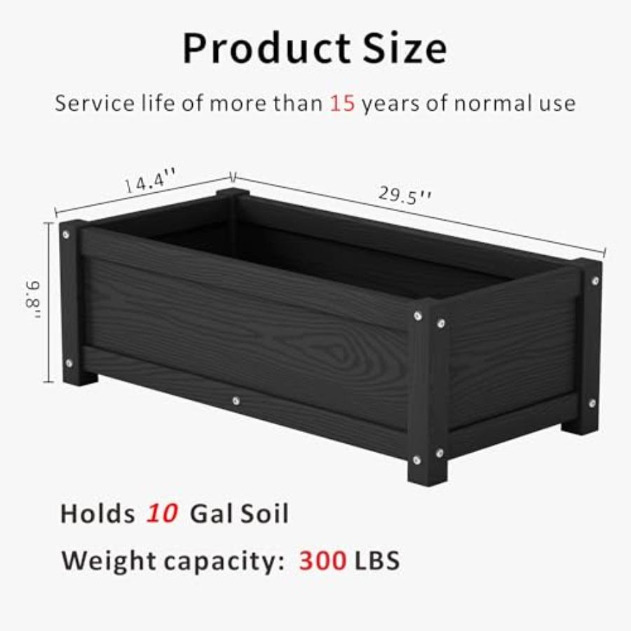 HDPE Raised Planter Box Outdoor Rot-Resistant and Non-Cracking Rectangle Planter 29.5 x 14.4 x 9.8 in Black with Drainage Holes