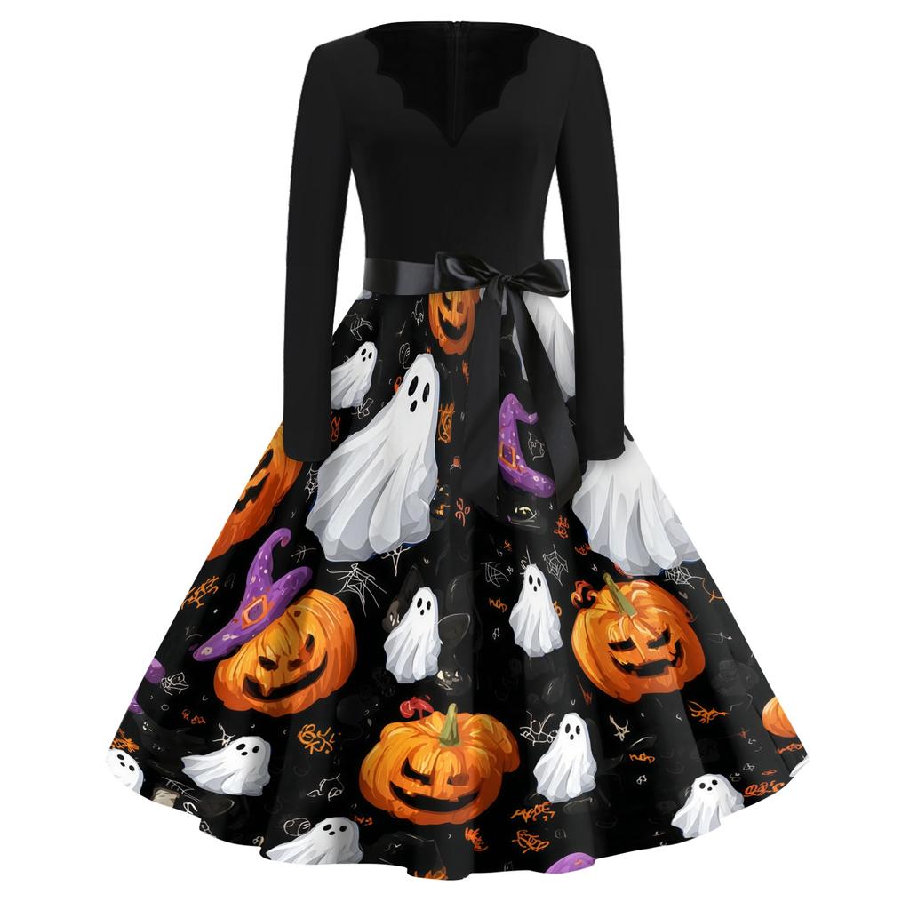 Women's Casual Vintage V Neck Dress Halloween Print Long Sleeve Retro Style A Line Midi Dress with Waist Tie Belt