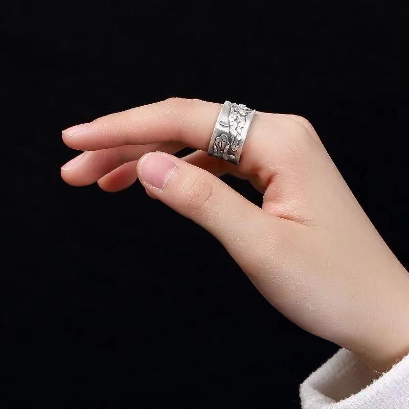Lotus Leaf Heart Sutra Ring for Men and Women Open Retro Trendy Lotus Ring Wide Face