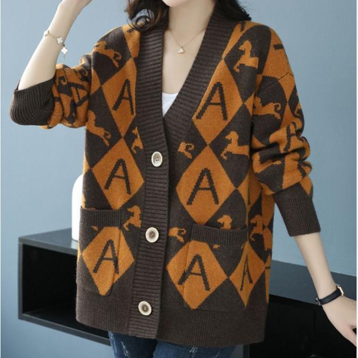 Women's Plus Size Knitted Cardigan Sweater Spring Autumn V-Neck Printed Knit Sweater Jacket Casual Loose Knit Jacket