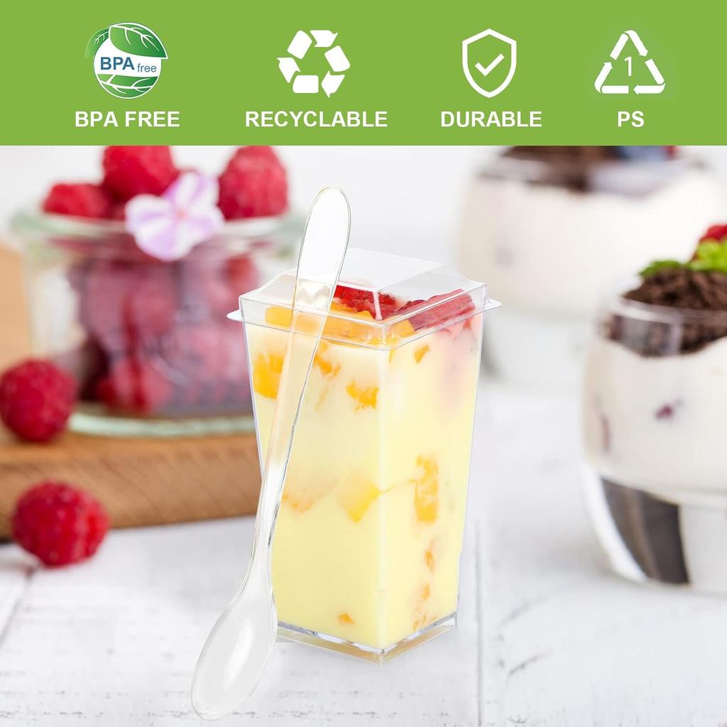 EASERCY 50 Pack 3 oz Square Mini Dessert Cups with Lids and Spoons Clear Dessert Shooter Cups with Spoons Parfait Cups with Lids Appetizer Cups for