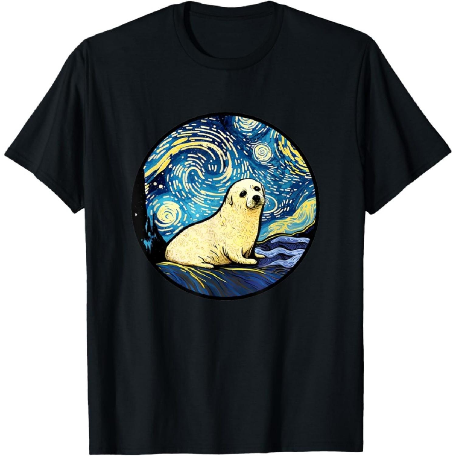 Harp Seal in Starry Night Painting Men Women Kids T-Shirt S