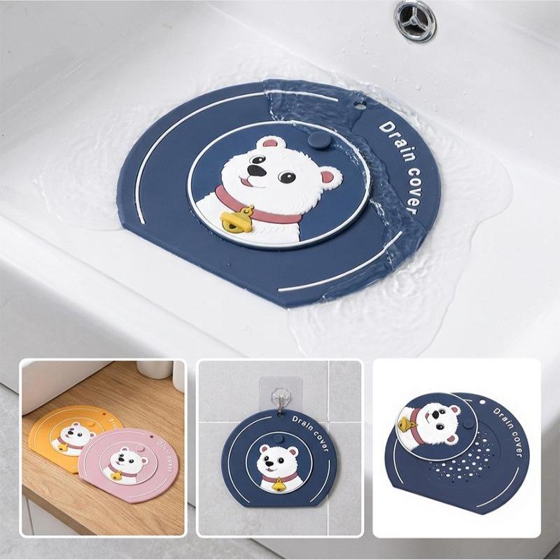 White Bear Double Layer Rotating Drain Cover Soft Pvc Bathroom Anti Odor Mosquito Proof Drain Cover Odor Absorbent Mat
