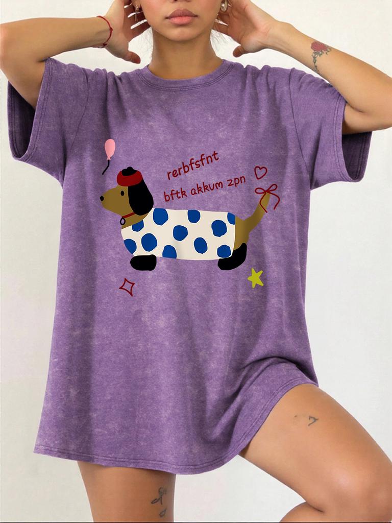 Dachshund Printing Washed TShirts Womens Cotton Short Sleeve Tops Hip Hop ONeck Oversized T Shirt Summer Comfortable Clothes