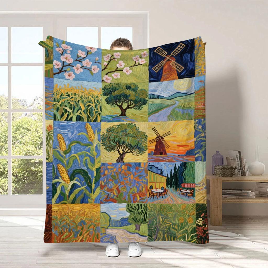 Van Gogh's Checkered Theme polyester Bedroom velvet flannel soft sofa cover blanket Fleece soft sofa cover blankets for beds