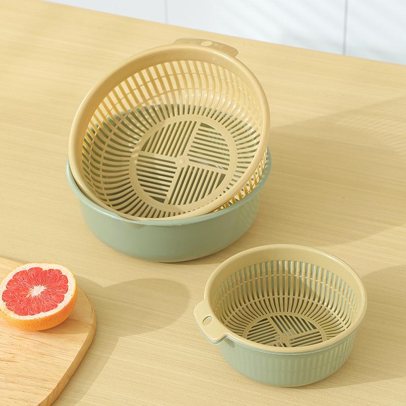 Vegetable Basin Plastic Double-Layer Drain Basket Leaky Basin Rice Vegetable Blue Vegetable Basin Household Kitchen Fruit Plate