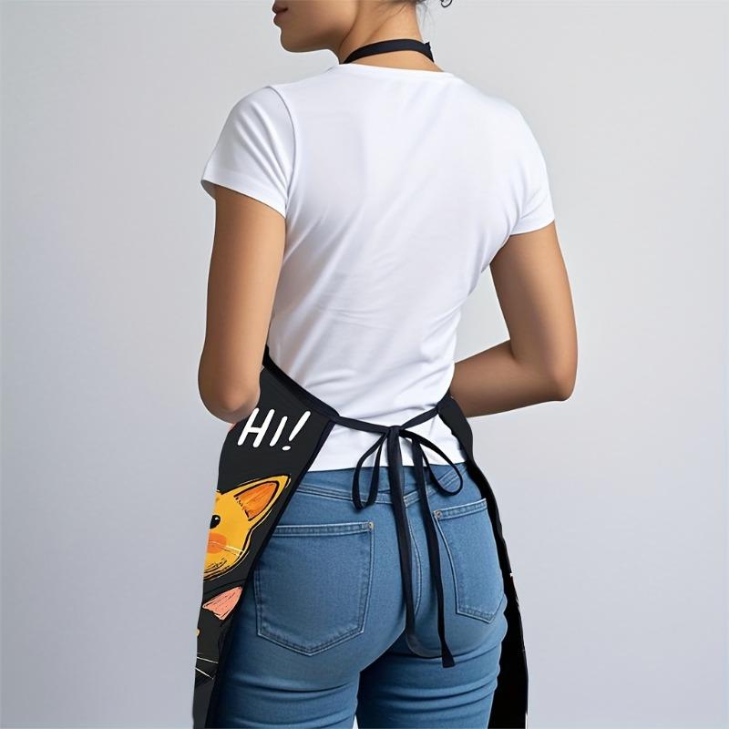 Cute Cat Lover's Apron,Black with Colorful Kitten&‘Wow' Print - Durable Polyester Kitchen Apron for Cooking,Baking, Gift for Her