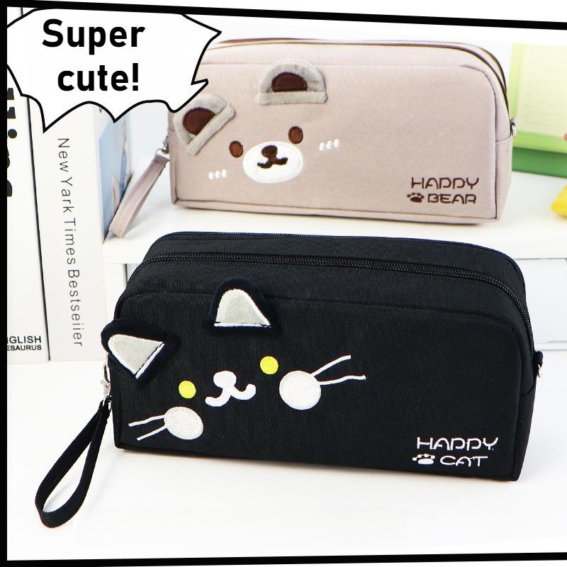Cute Black and White Cat Pencil Case - Portable Large Capacity Stationery Bag with Pen Insert & Mesh Pocket for School Supplies