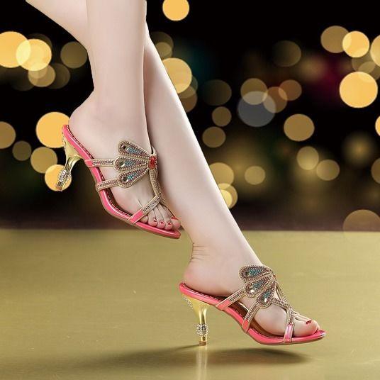 Fashion Summer Rhinestone Sandals Genuine Leather Glitter Women Open Toe Sandals High Heels Party Shoes Gladiator Sandals Wedding Shoes