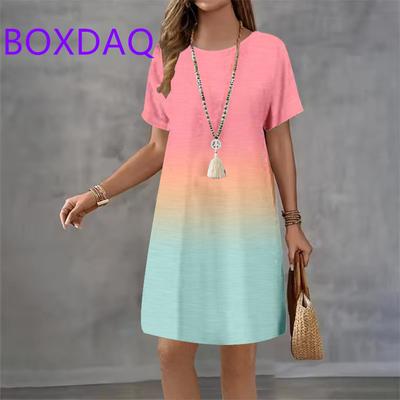 Vintage 3D Gradient Print Pattern Women Dress Summer New Elegant Casual Short Sleeve Mini Dress XXS-3XL Loose Women A-Line Dress