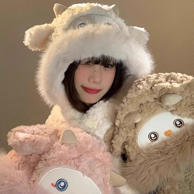 Winter Cute Little Sheep Plush Hat Women's Hat Scarf Integrated Thickened Cold Warm Sweet Lei Feng Hat