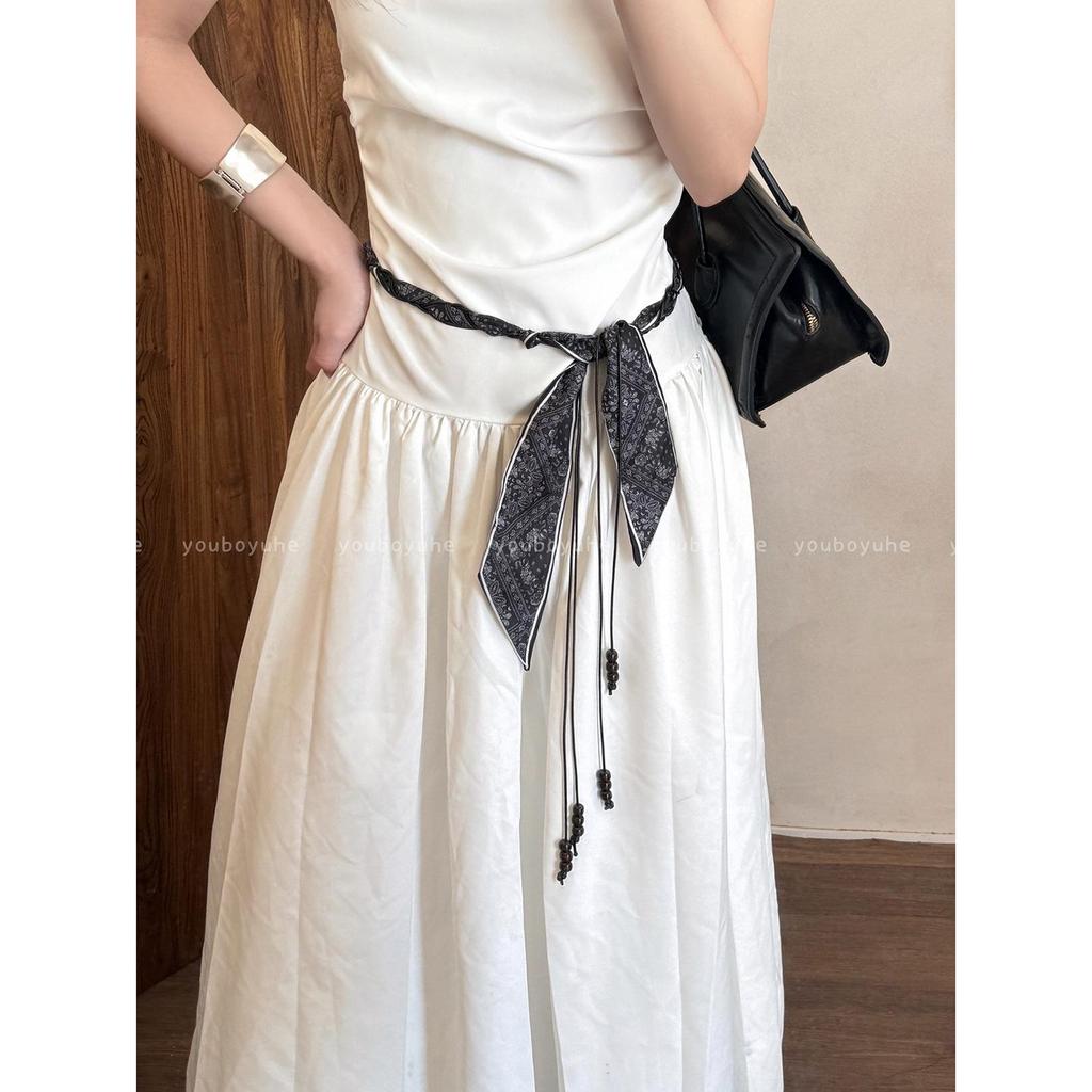 Damski Retro Brązowy Jedwabny Szal Pasek Paisley z Wzorem Łańcucha Dżinsowego