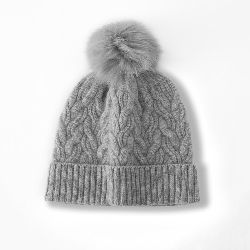 Women 100% Pure Cashmere Beanie Hat Pom Pom Detail Cable Knit Winter Warm Soft Slouchy Skullies Cap Cold Weather Accessory