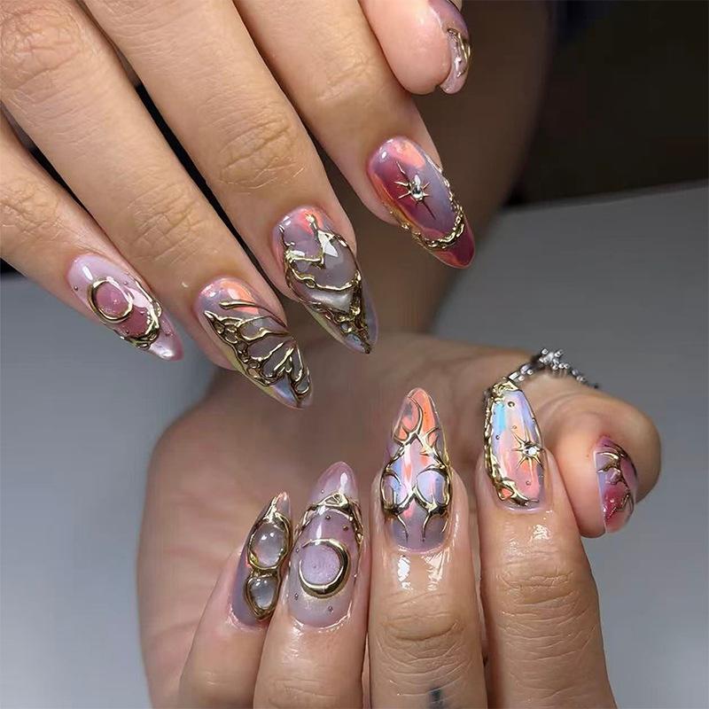 European And American Light Luxury Style Finished Wearable Nails Aurora 3D Gilt Almond Fake Nails Star And Moon Diamond-encrusted Manicure Nails