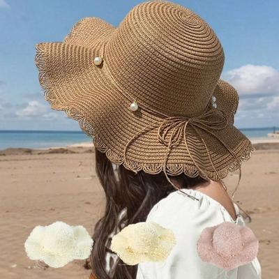 1Pc Women'S Khaki Wave Beach Sun Hat With Faux Pearl & Bowknot Detail, Elegant Beach Travel Vacation Sun Hat For Vocation,Party