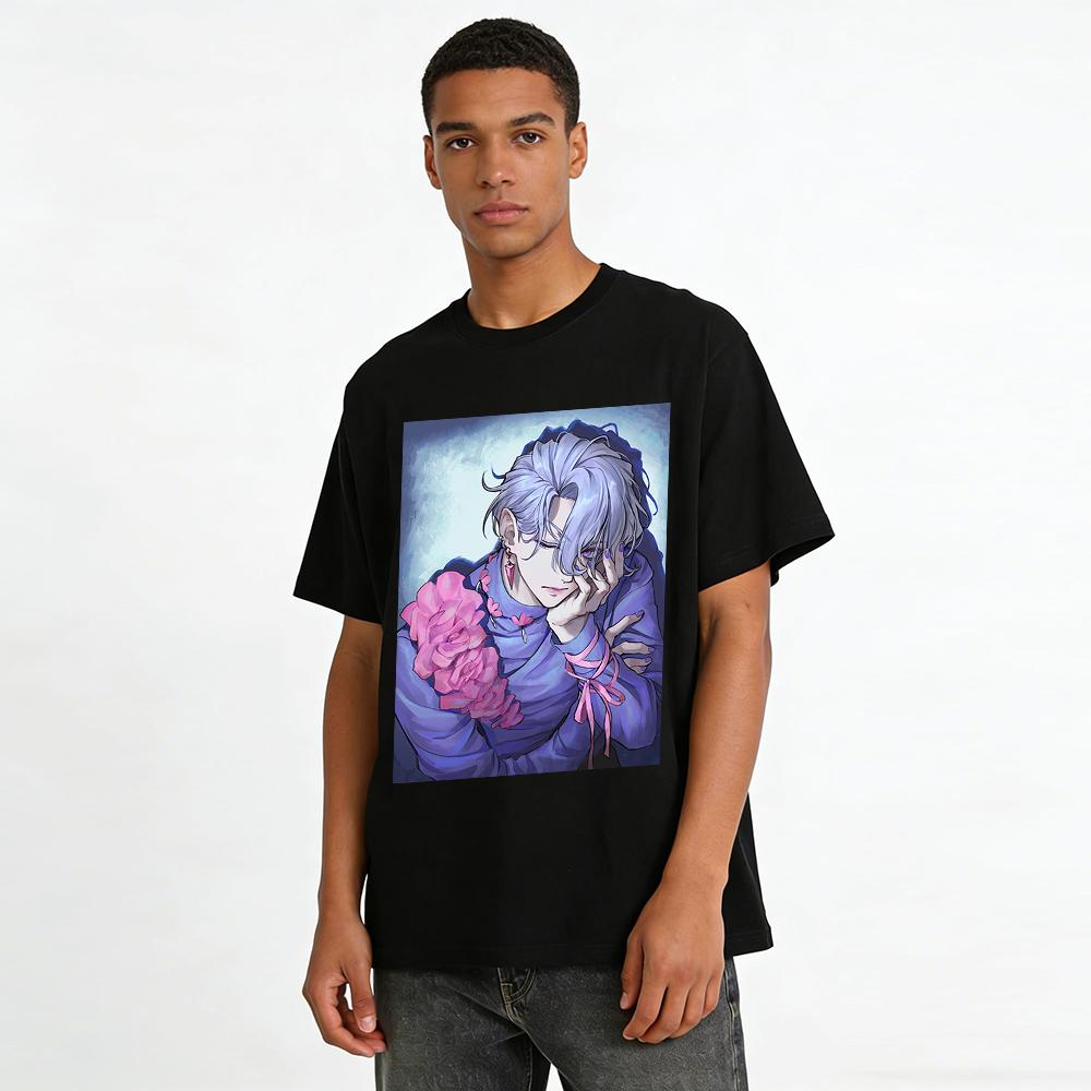 Japanese Anime Melancholy Silver-haired Handsome Guy Print Long-sleeve Top Niche Cool Style Trendy T-shirt Pure cotton T-shirt
