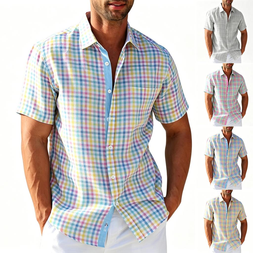 Camicia da uomo casual a maniche corte con bottoni, vestibilità larga, stampa a quadri, tessuto leggero e traspirante per l'uso quotidiano