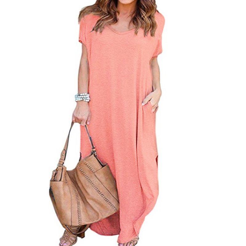 Polyester Vneck Pocket Split Long Dress For Casual Summer Wear