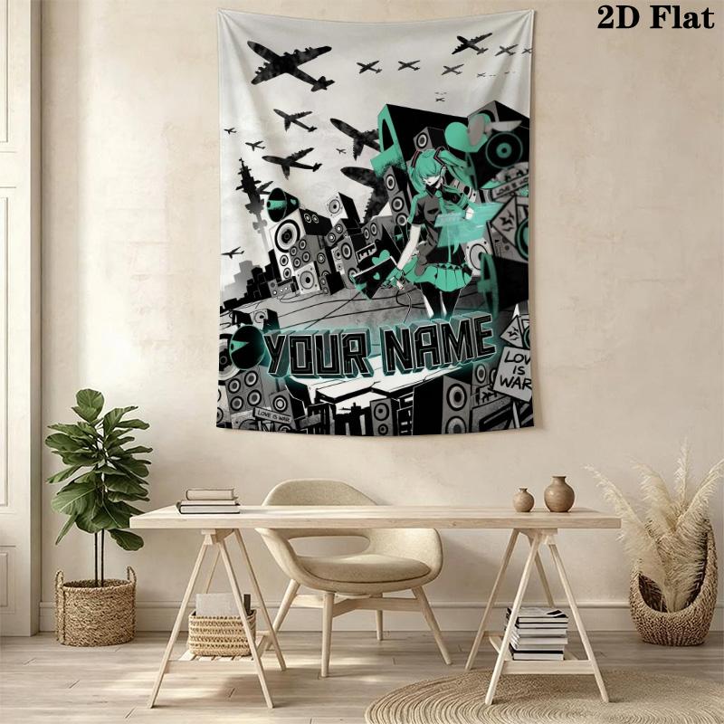 Name Benutzerdefinierte Anime Miku Wandteppich Ästhetischer Wandbehang Bedruckter Stoffdecke Dekorative Wandteppiche für Schlafzimmer Wohnzimmer Heimdekoration