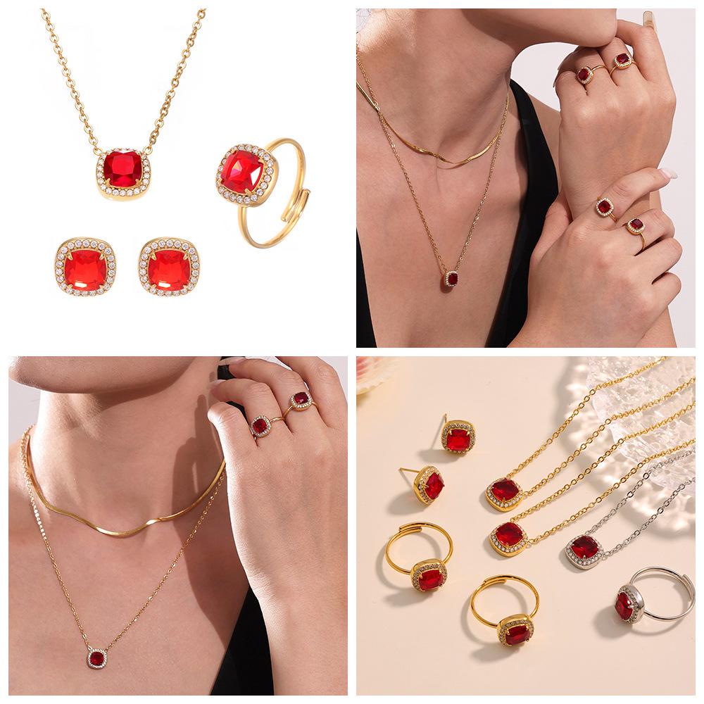 Stainless Steel Zircon Necklace, Ring & Earrings Set with Red Gemstones