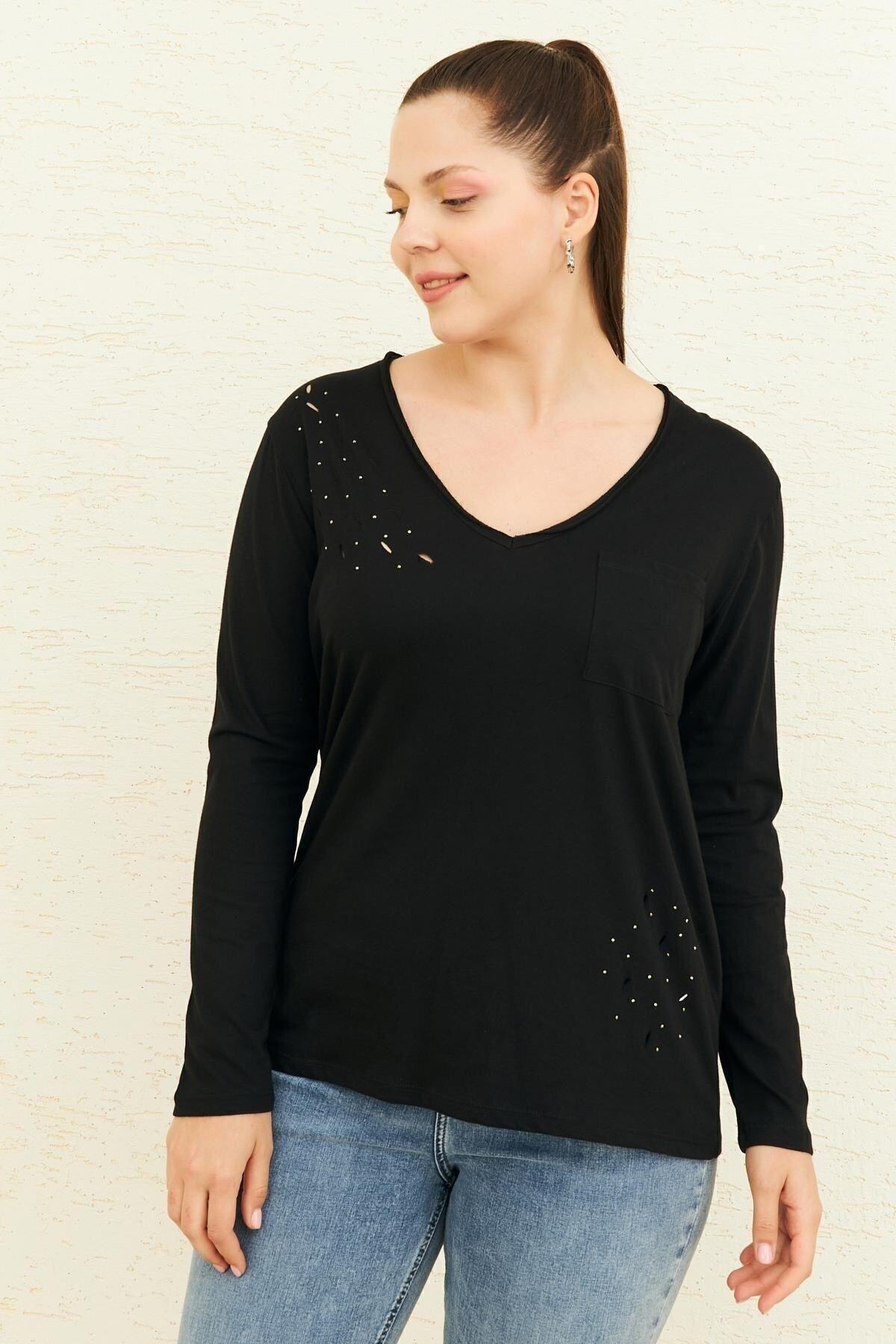 

Женская стильная футболка большого размера, черная рваная футболка с v-образным вырезом и детальной отделкой L