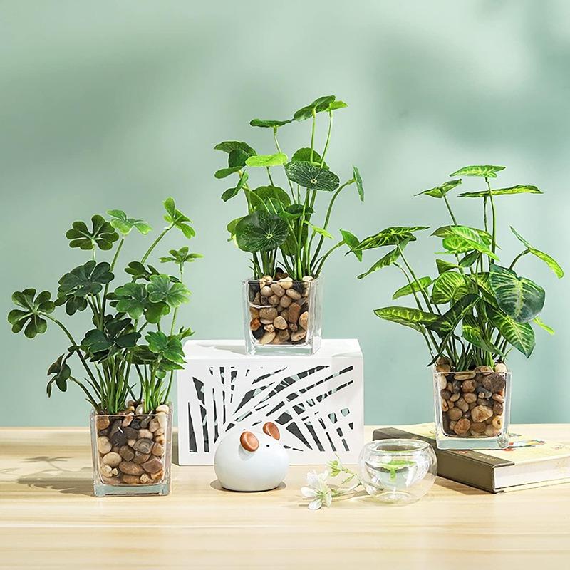 Artificial Potted Plants, Set of 4 Faux Tabletop Greenery with Clear Glass Pots and Cobblestones, Included Artificial Taro