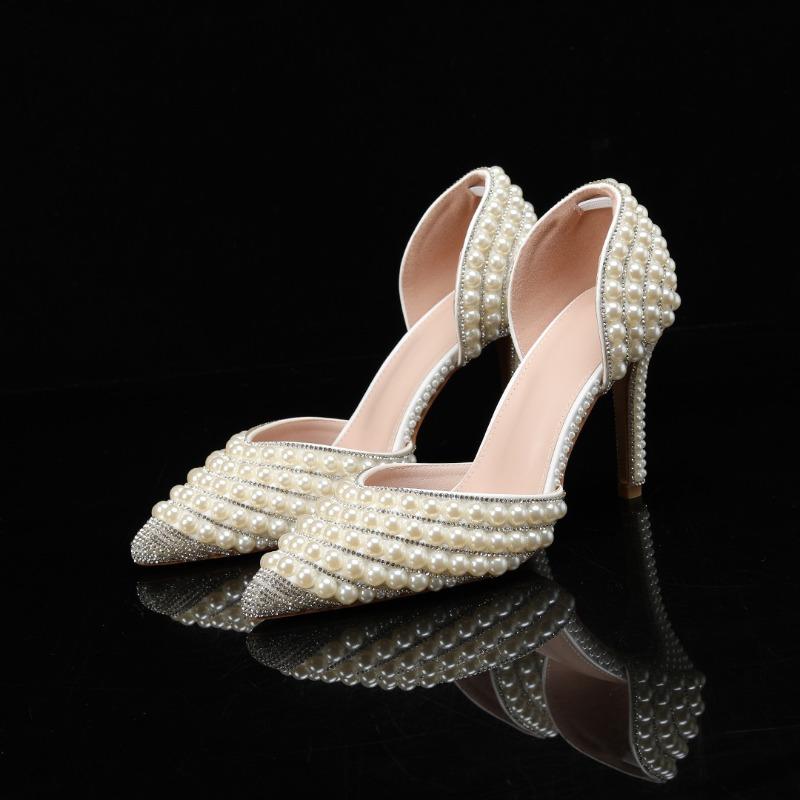 Fashion New Handmade Full Pearls Rhinestones Wedding Women Pumps Elegant Pointed Toe Bridal Thin High Heels Fashion Party Prom Shoes