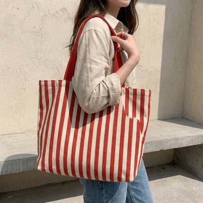 Zipper Shoulder Bag Canvas Shopping Handbag Retro Stripe Canvas Tote Bag  Girls