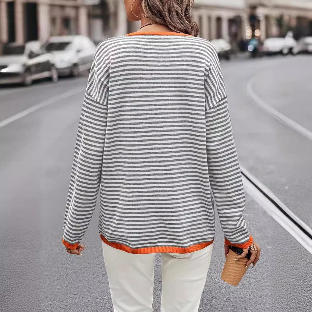 2024 Autumn Women's Striped Long Sleeve Round Neck Knit Pullover Sweater