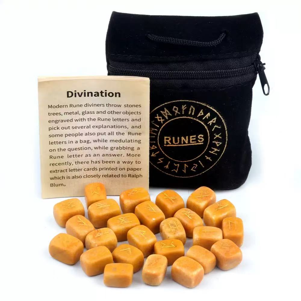 1901-Runes Natural Crystal Agate Rune Stones 25 Pieces Semi-Precious Gemstones Runic Script Engraving Energy Healing Carved