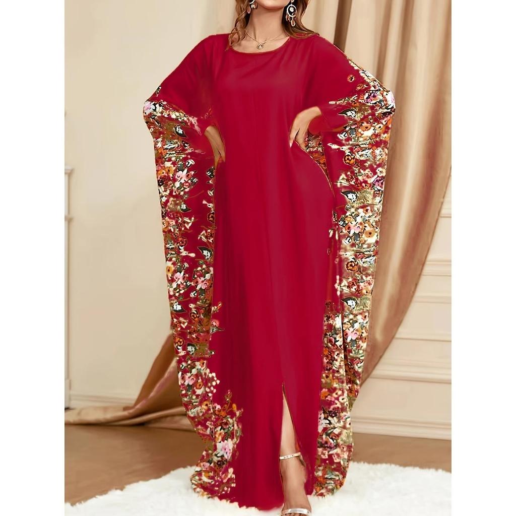 Caftano con stampa floreale Ramadan, scollo rotondo, elegante abito lungo con spacco e maniche a pipistrello, abbigliamento da donna