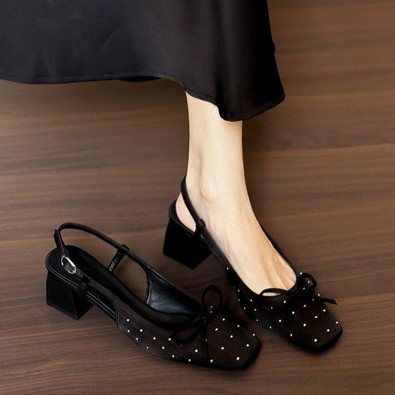 

Bow black single shoes back strap bag head sandals women s 2025 new summer wear satin thick heels high heels 40 чёрный