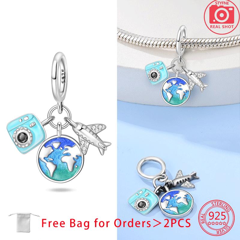 Original Copper Charms Earth Plane Ticket Suitcase Camera Beads Pendant Fit Bracelet Diy Fine Women Jewelry Gift