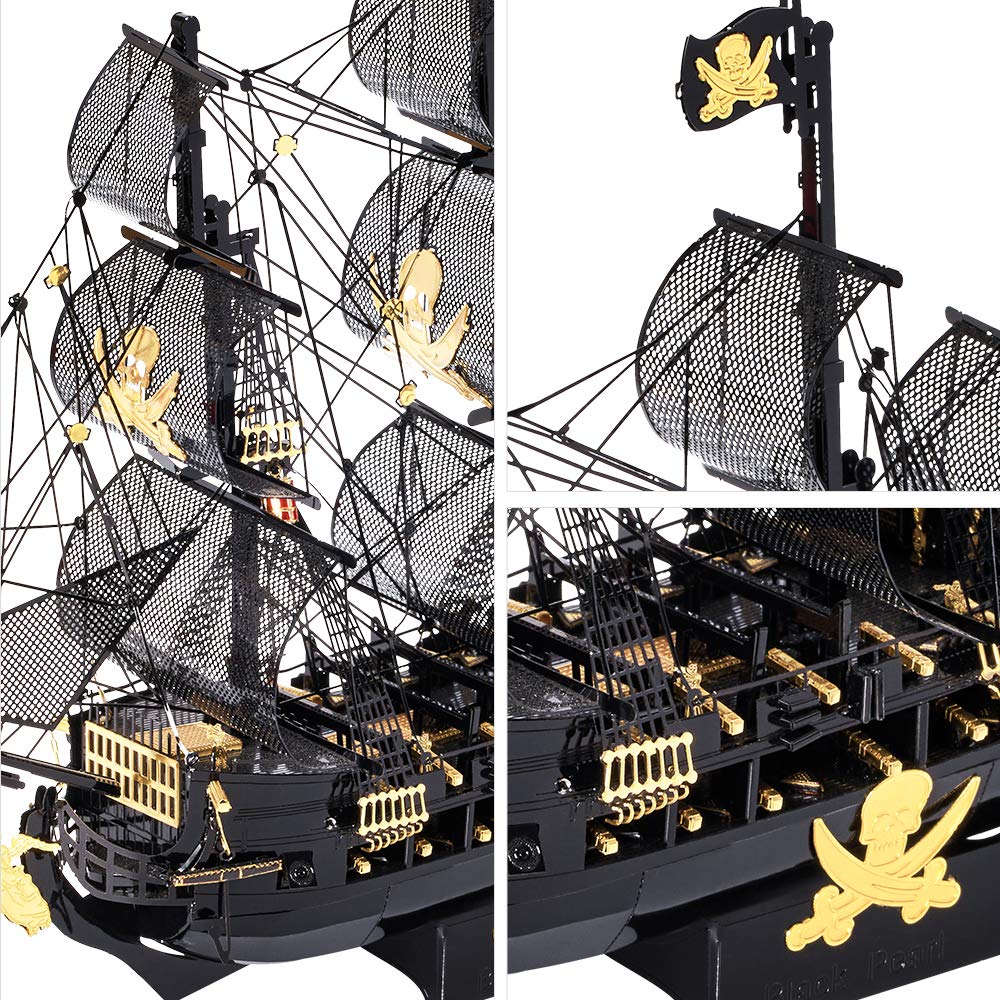 Piececool 3D Black Pearl Sailing Pirate Metallic Nano 3D Metal Assembly No Glue Difficulty Level 5 Ornament Puzzle (Special Edition) Ship, Ship,