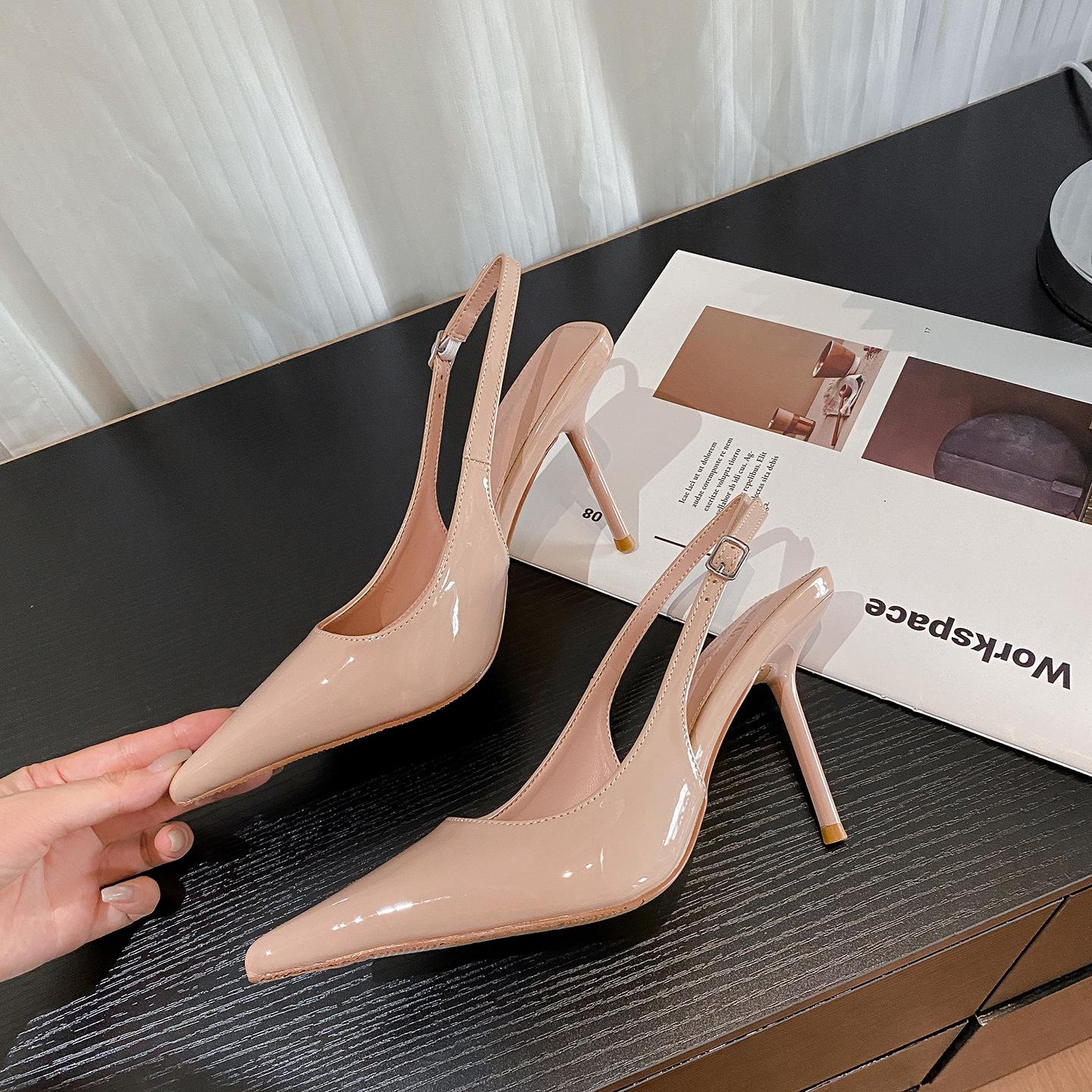 

French patent leather baotou sandals women s 2025 autumn new versatile thin heel pointed one-word buckle with temperament high heels 40