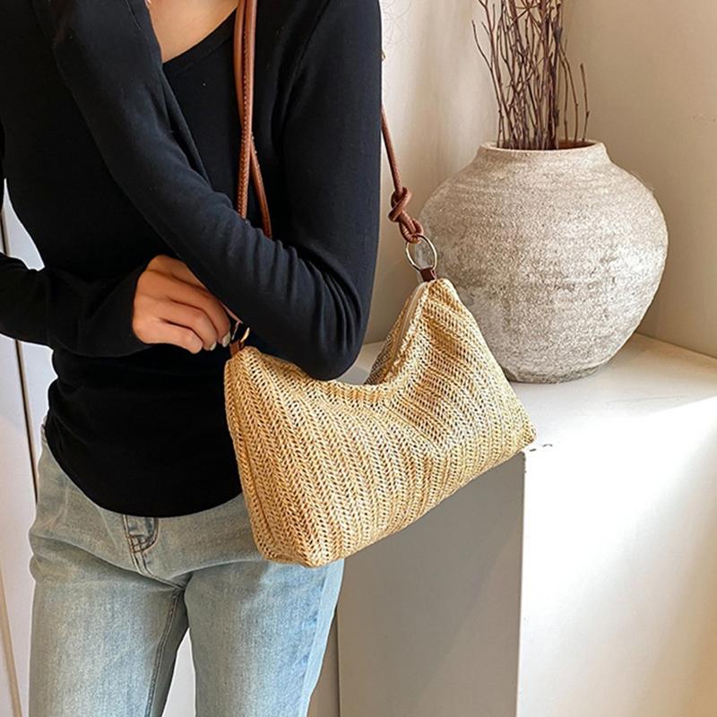 Women'S Striped Woven Straw Tote Bag - Lightweight Large Capacity With Detachable Coin Purse & Zip Closure For Beach Vacation